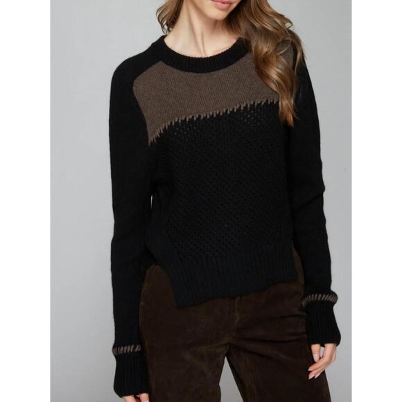 NEW AUTUMN CASHMERE boxy crew top with contrast yoke and whipstitch in black/mul